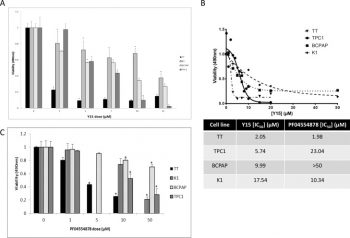 Y15 and PF-04554878 decreased cell viability in a dose-dependent manner in thyroid cancer cell lines. Oncotarget. 2014 Sep 15;5(17):7945-59.