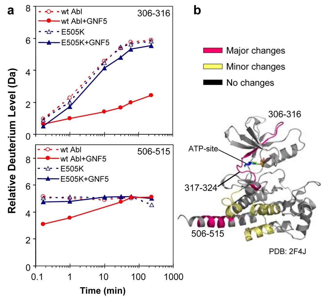 Hydrogen exchange mass spectrometry upon binding of GNF-5 to Abl. Nature. 2010 Jan 28;463(7280):501-6.