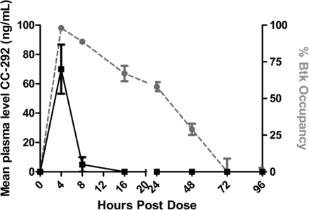 Btk occupancy and Btk protein resynthesis can be detected in mice in vivo. Mice were treated orally once with 50 mg/kg CC-292 to inhibit all Btk protein. J Pharmacol Exp Ther. 2013 Aug;346(2):219-28.