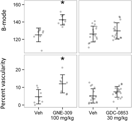 Ultrasound imaging of the pancreas in Sprague-Dawley rats following administration of GNE-309 (n = 8 males per group) or GDC-0853 (n = 16 males per group) is presented. J Pharmacol Exp Ther. 2017 Jan;360(1):226-238.