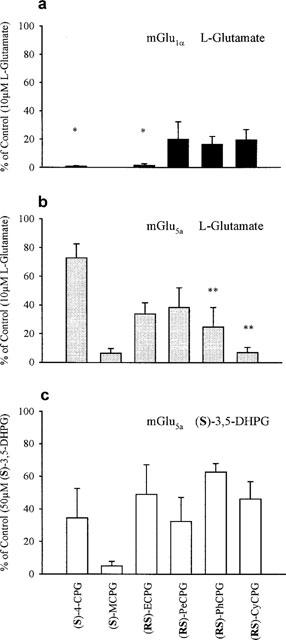 Effects of α-substituted phenylglycine derivatives on agonist-induced Ca2+ release in CHO cells expressing either mGlu1αreceptors (a) or mGlu5a receptors (b,c).