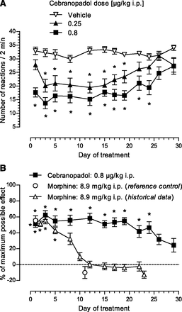 Antiallodynic effect of repeated daily intraperitoneal administration of cebranopadol or vehicle as measured by number of paw lifts from a cold plate during 2 minutes (mean ± S.E.M.; n = 13–15) (A) or % MPE (B) in the chronic constriction injury model.J Pharmacol Exp Ther. 2014 Jun;349(3):535-48.