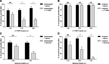 Effect of 1.0, 2.15, and 4.64 mg/kg i.p. J-113397 on the antihypersensitive effect of 1.7 μg/kg i.v. cebranopadol (A) and 8.9 mg/kg i.v. morphine (B) in the spinal nerve ligation (SNL) model. Effect of 0.3 and 1.0 mg/kg i.p. naloxone on the antihypersensitive effect of 1.7 μg/kg i.v. cebranopadol (C) and of 0.1, 0.3, and 1.0 mg/kg i.p.naloxone on the antihypersensitive effect of 8.9 mg/kg i.v. morphine (D) in the SNL model. Data are given as percentage of maximum possible effect (mean ± S.E.M.; n = 10) measured with an electronic von Frey filament based on the measurement of ipsilateral withdrawal thresholds 30 minutes after administration of cebranopadol or morphine. J Pharmacol Exp Ther. 2014 Jun;349(3):535-48.