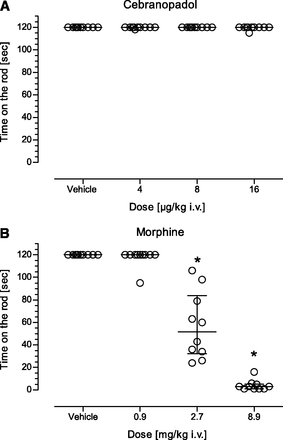 Dose-dependent effects of cebranopadol (A) and morphine (B) on motor coordination in rats. J Pharmacol Exp Ther. 2014 Jun;349(3):535-48.